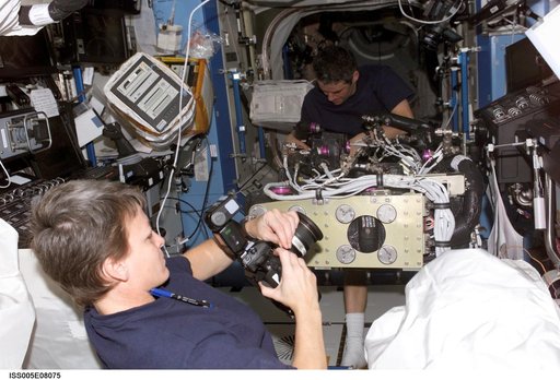 Whitson prepares to use a still camera in the U.S. Laboratory during Expedition Five