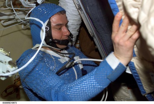 Korzun attired in his LCVG prepares for an EVA in the Pirs Docking Compartment