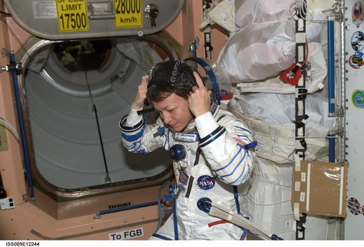 Whitson wearing Russian Sokol suit in the FGB during Expedition Five on the ISS