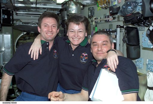 Expedition Five crewmembers pose in the SM during Expedition Five on the ISS