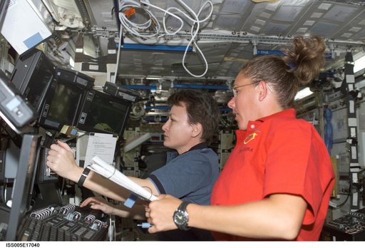 Magnus and Whitson working in the U.S. Laboratory during Expedition Five on the ISS
