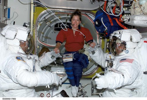 Sellers and Wolf attired in their EMU's during Expedition Five on the ISS