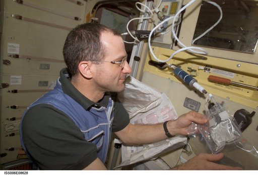 Expedition Six Flight Engineer Pettit uses a chemical/microbial analysis bag to collect water sample