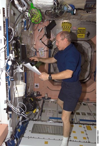 Bowersox works on a laptop computer in Node 1 during Expedition Six