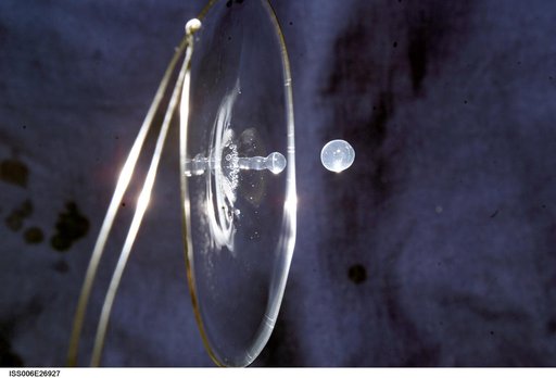 View of a surface tension demonstration using water that is being held in place by a 50mm metal loop