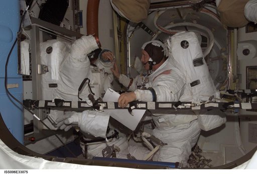 Bowersox and Pettit are wearing EMU's in the Quest Airlock during Expedition Six