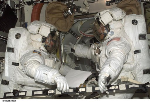 Bowersox and Pettit are wearing EMU's in the Quest Airlock during Expedition Six
