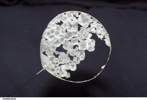 Close-up view of Sodium Chloride crystals in a water bubble on Expedition Six.