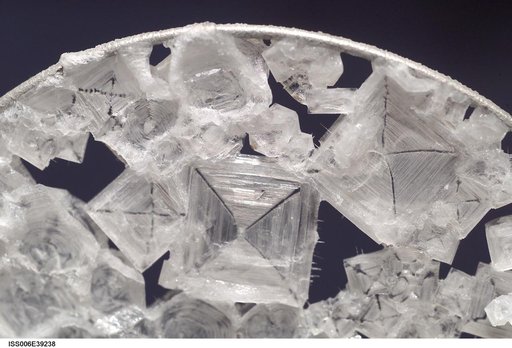 Close-up view of Sodium Chloride crystals in a water bubble on Expedition Six.