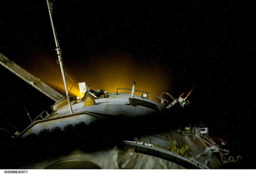 View of Thruster exhaust plume deflectors and Kromka experiment on the SM during Expedition Six