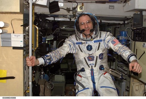 Informal portrait of Flight Engineer Donald R. Pettit wearing Russian Sokol suit in the Soyuz