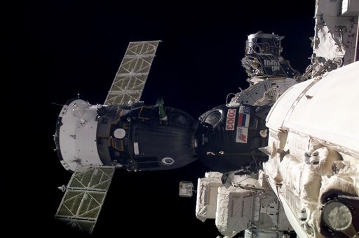 View of Soyuz TMA-2 is docked to the FGB nadir port on the ISS during Expedition Six