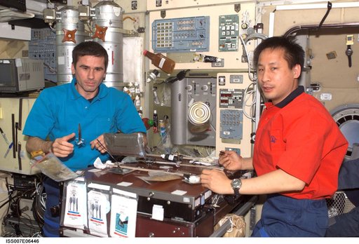 Expedition Seven CDR Malenchenko and Science Officer Lu share meal in Zvezda