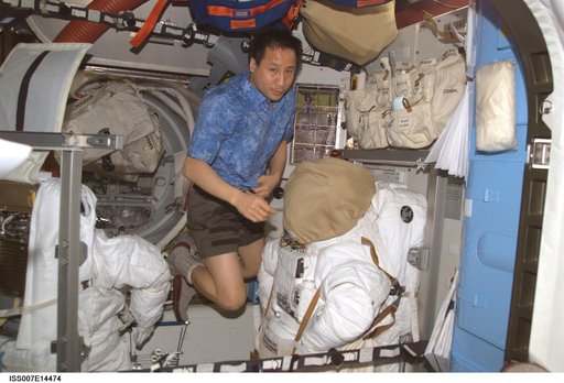 Expedition Seven Lu with EMU in Quest airlock