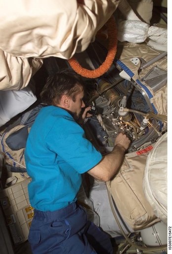 Malenchenko during checkout of Orlan spacesuits