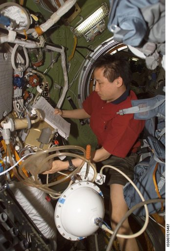 Lu during checkout of Orlan spacesuits