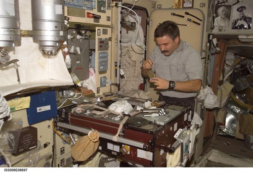 Kaleri prepares a meal in the galley area of the SM during Expedition 8