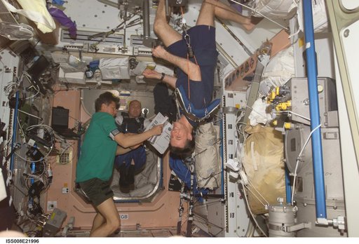 Padalka and Kuipers review procedures in Node 1 as Foale exercises on IRED during EXP 9 / EXP 8