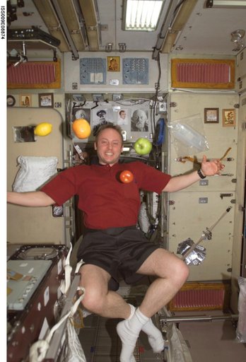 Fincke watches as fruit floats in the Service Module during Expedition 9