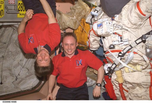 Padalka and Fincke pose for picture in Node 1 during Expedition 9
