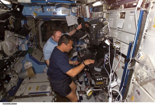 Chiao and Fincke work at the SSRMS workstation as they conduct Robotic Handover OPS during Expedition 9/10 joint OPS
