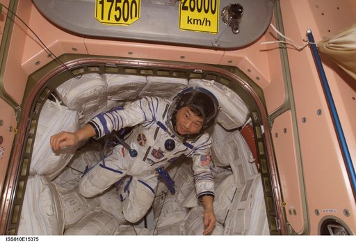 Chiao wearing Sokol suit in the Node 1 taken during Expedition 10