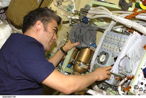Sharipov makes adjust on the Russian Orlan Interface Unit in the Pirs DC1 during Expedition 10
