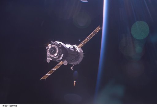 Soyuz TMA-5/9S spacecraft separates from the Space Station after undocking