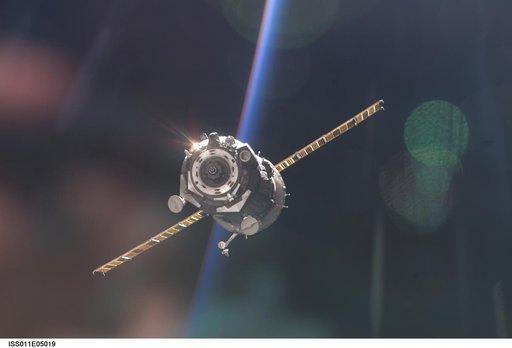 Soyuz TMA-5/9S spacecraft separates from the Space Station after undocking