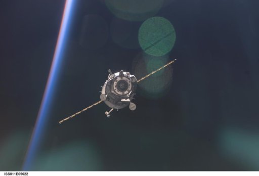 Soyuz TMA-5/9S spacecraft separates from the Space Station after undocking