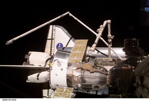 STS-114 orbiter Discovery during docking of Raffaello