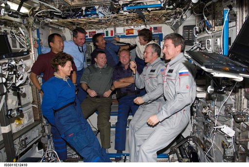STS-114 and Expedition 11 crew in Destiny module
