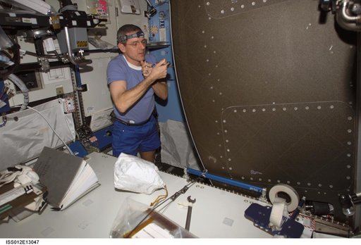 McArthur works at the back panel of the AR rack in preparation for IFM during Expedition 12
