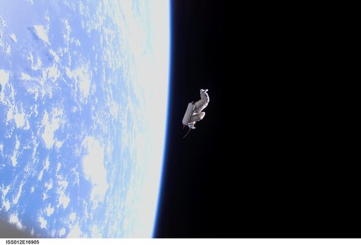 Orlan Suit RadioSkaf Microsatellite after release from the ISS during the second EVA on Expedition 12