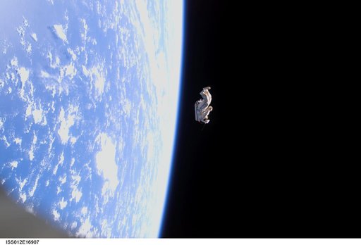 Orlan Suit RadioSkaf Microsatellite after release from the ISS during the second EVA on Expedition 12