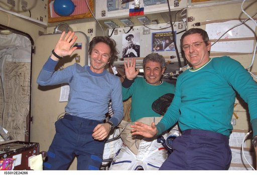 McArthur,Tokarev and Pontes in the SM before ingressing the Soyuz during Expedition 12/13 Joint Operations