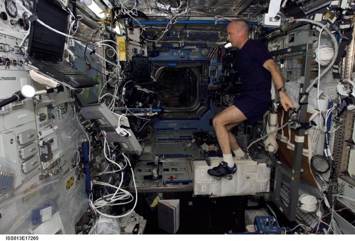 Williams exercises on the CEVIS in the U.S. Laboratory during Expedition 13