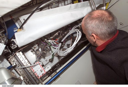 Williams works on a TCS line on an open rack in the U.S. Laboratory during Expedition 13