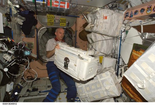 Williams works with stowage containers in the Node 1 during Expedition 13