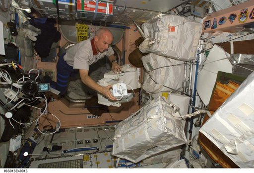Williams works with stowage containers in the Node 1 during Expedition 13