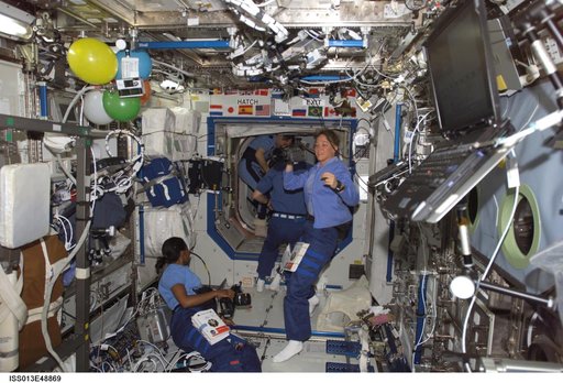 Wilson and Nowak check on camera equipment in the U.S. Laboratory during Expedition 13 and STS-121 joint operations
