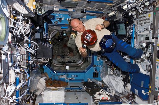 Williams checks SPHERES in the U.S. Laboratory during Expedition 13