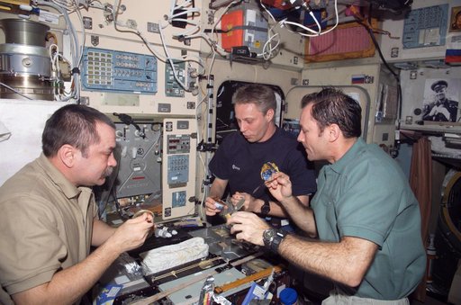 Expedition 14 crew in galley area of Zvezda Service module