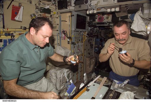 Lopez-Alegria and Tyurin in galley area of Zvezda Service module
