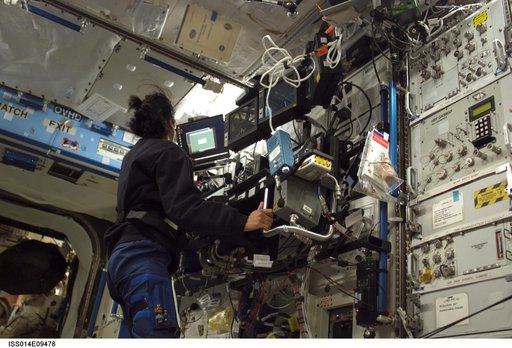 Williams at SSRMS controls in Destiny Laboratory