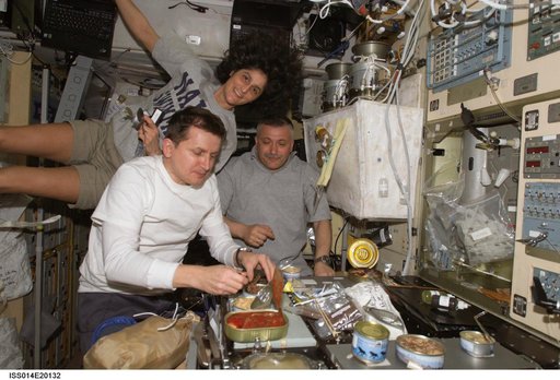 Expedition 14 and 15 crew share a meal