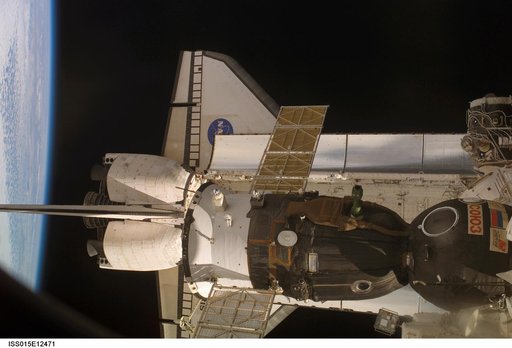 View of the Soyuz and Atlantis docked to the ISS during Expedition 15