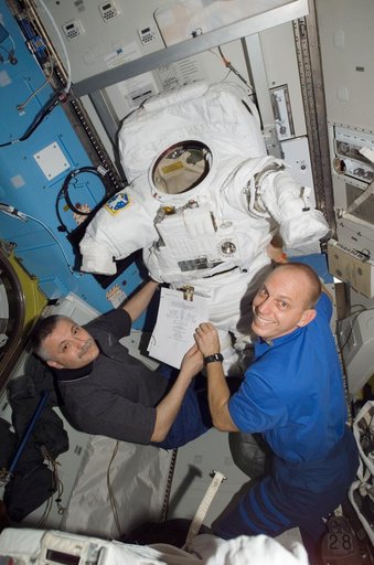View of Yurchikhin and Anderson posing for a photo in the A/L during Expedition 15