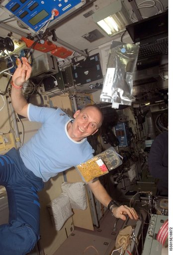 View of Anderson posing for a photo in the SM during Expedition 15