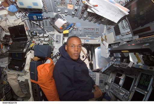 Drew sits at Commanders seat in the FD on Space Shuttle Endeavor during Joint Operations